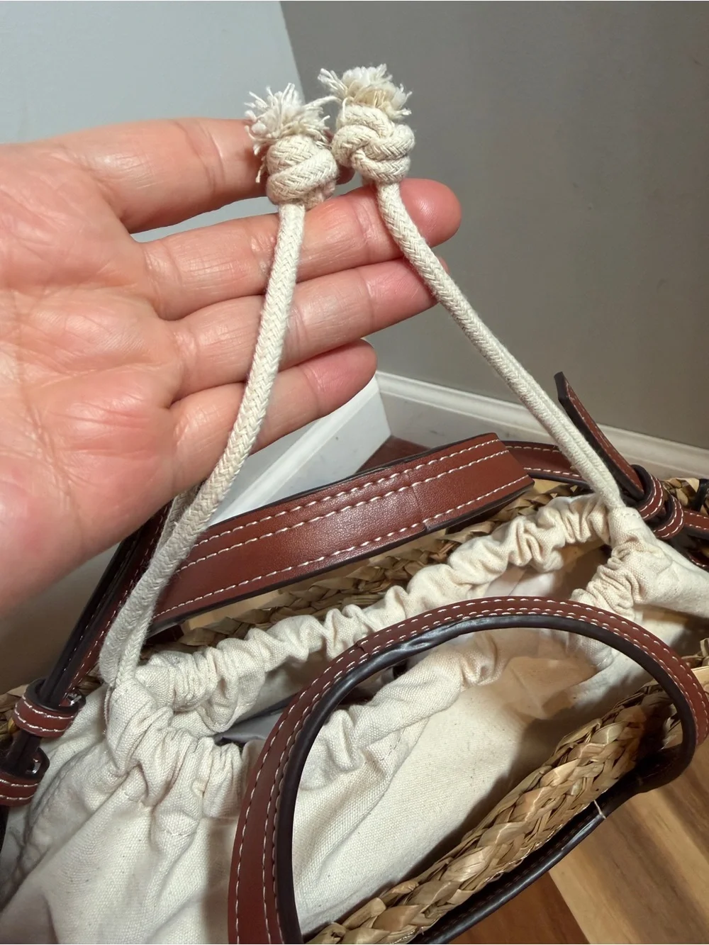 House of Harlow 1960 Woven Straw Basket Bag Brown Leather Studded Crossbody Tote